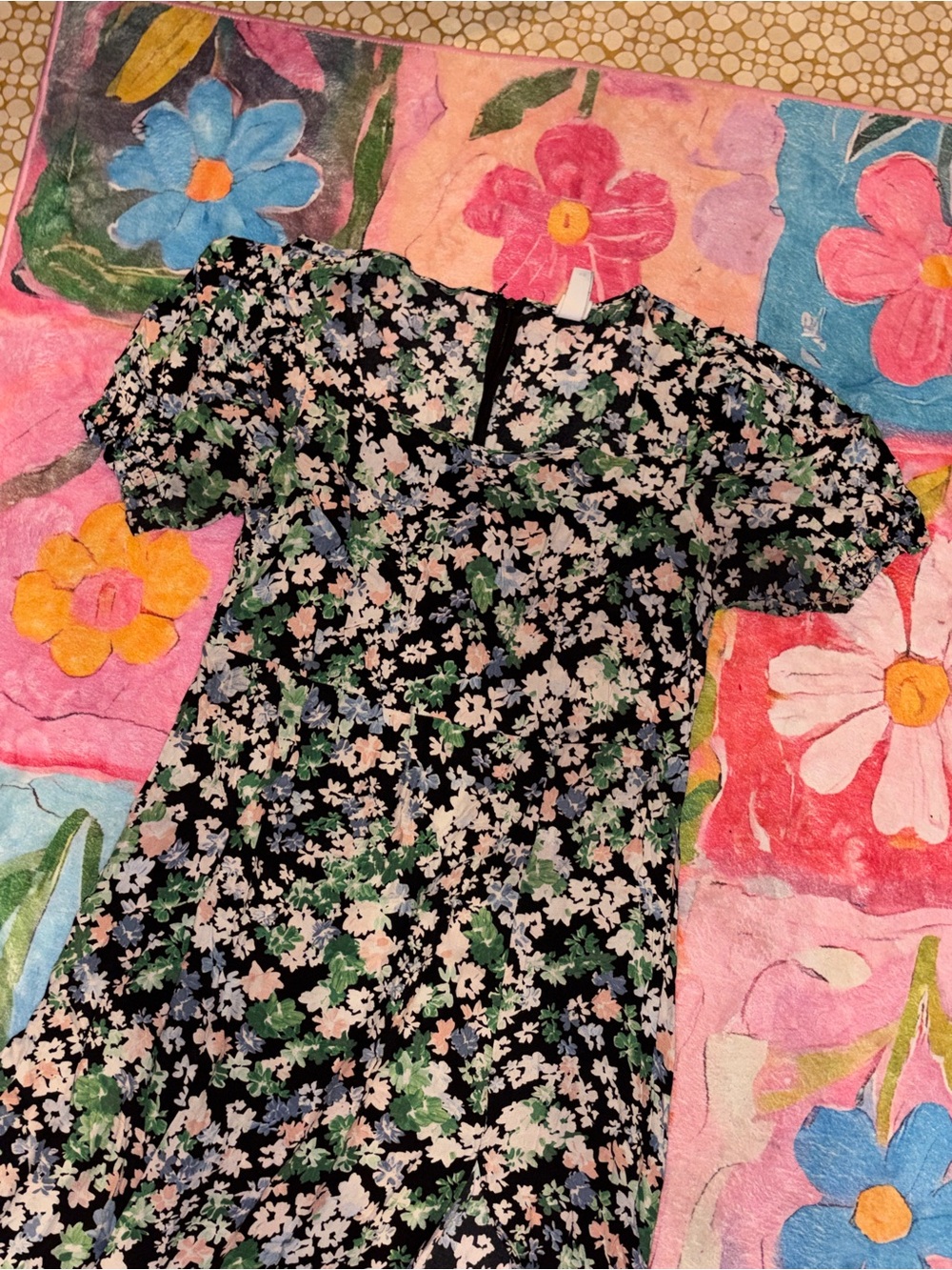 H&M Black Floral Short Puff-Sleeve Dress with Green and Pink Accents